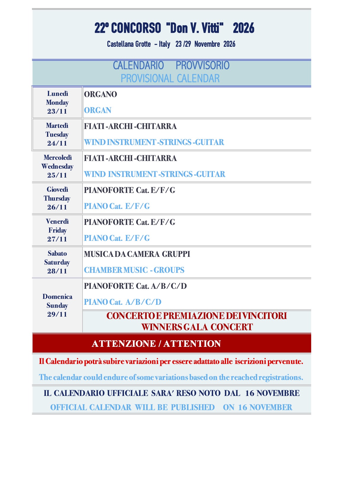 calendario provvisorio 2026